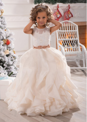 Ivory Lace Champagne Organza Ruffle Long Flower Girl Dress